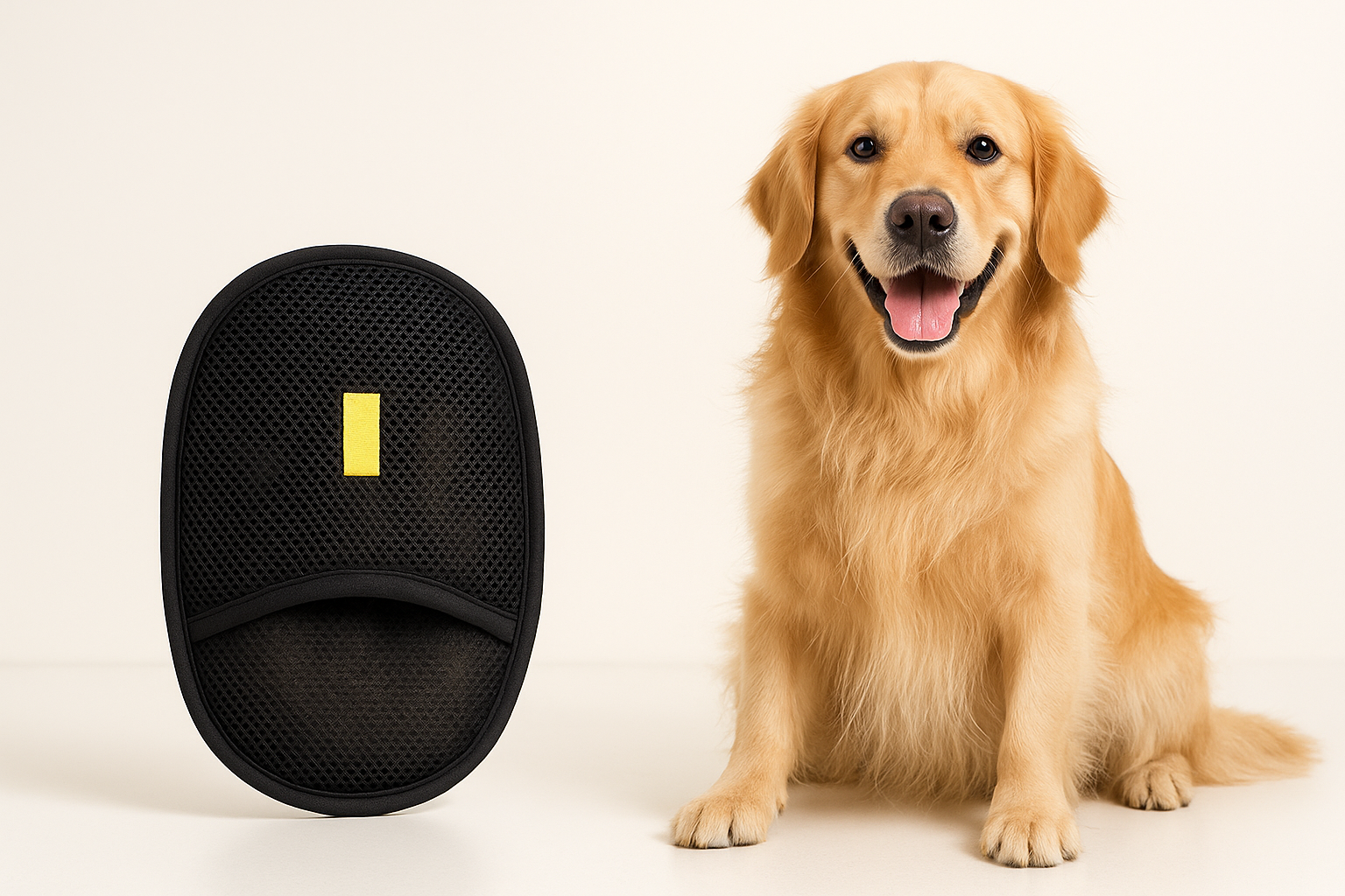 Upgraded electrostatic pet hair remover glove next to a dog